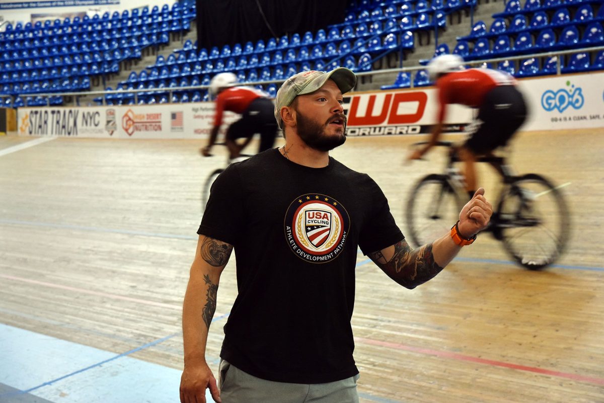 BJ Olson coaching on the velodrome infield